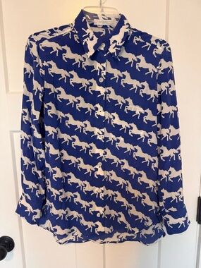 Equipment horse print Blue Button-Up Blouse with White Horse Print